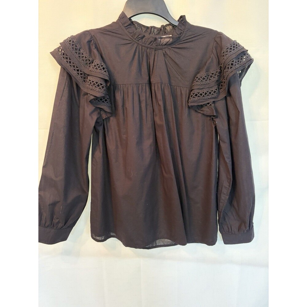 Mud Pie Black Solid High Neck Long Sleeve Ruffle Crochet Button Blouse Size S